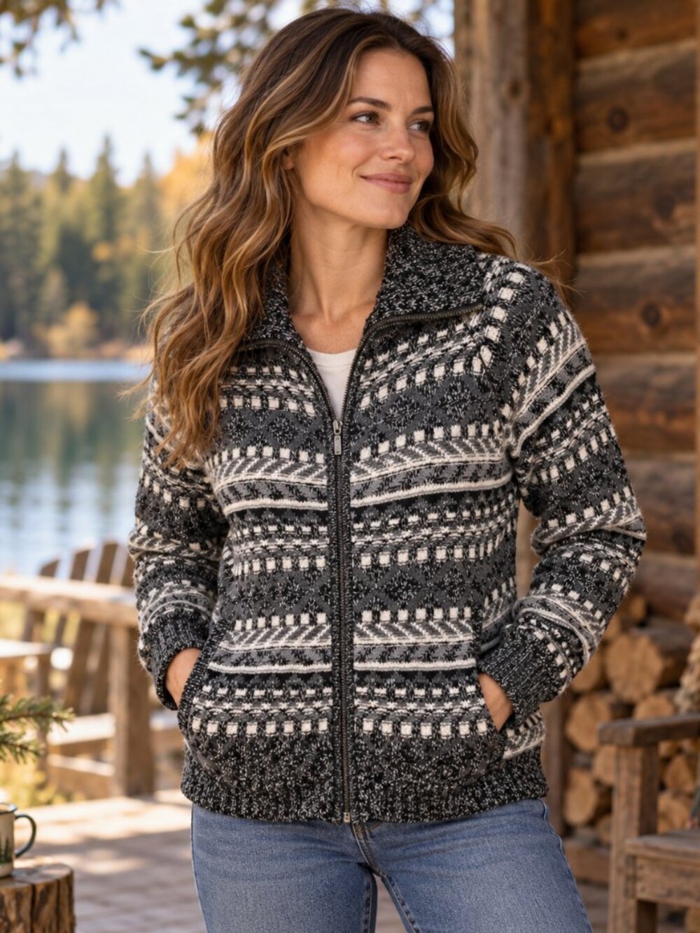 LL Bean Womens Full Zip Sweater M Black Gray Cotton Fair Isle Granola Cabincore